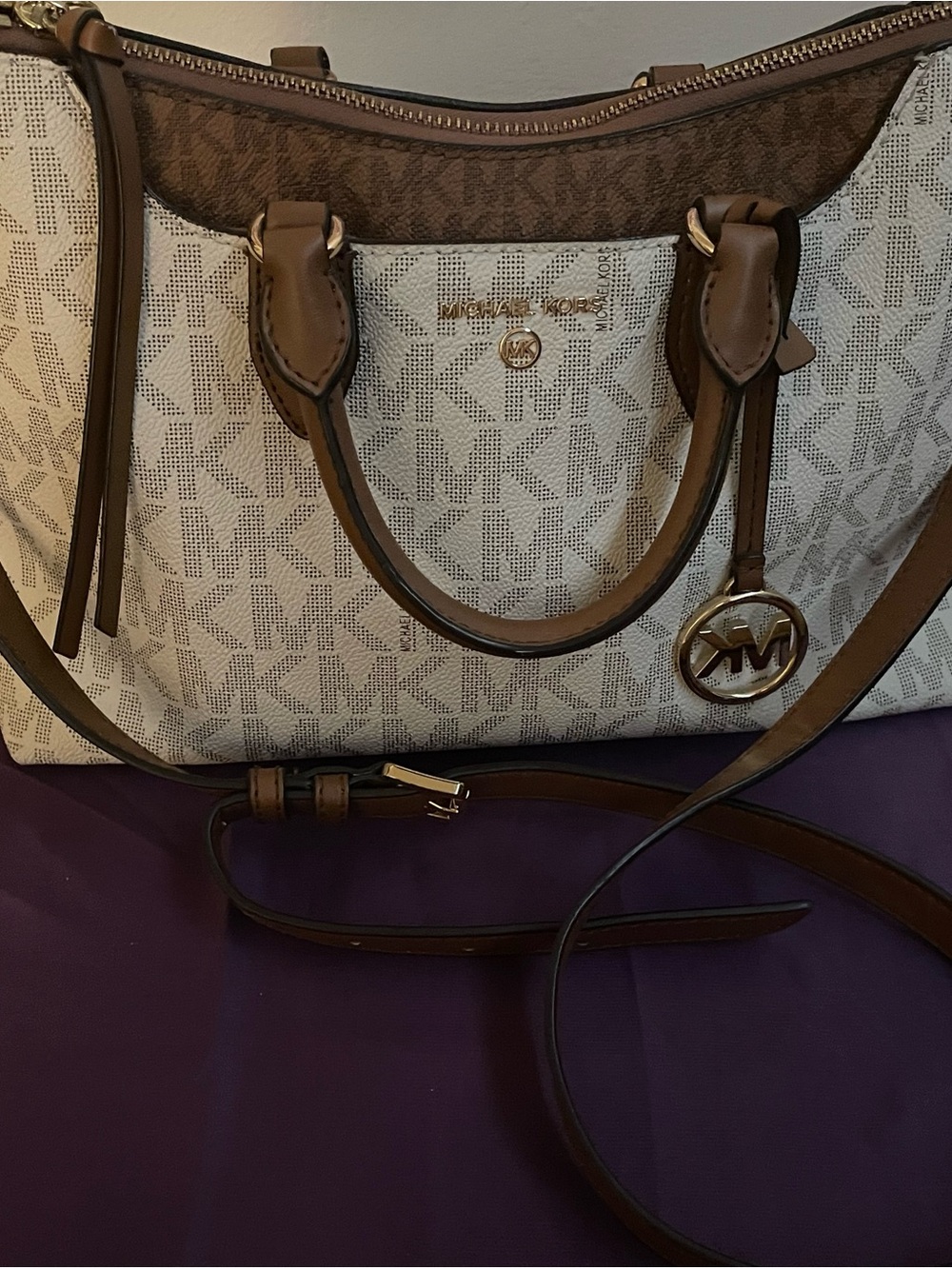 Michael Kors Brown and Cream Signature Satchel with Gold-Tone Logo